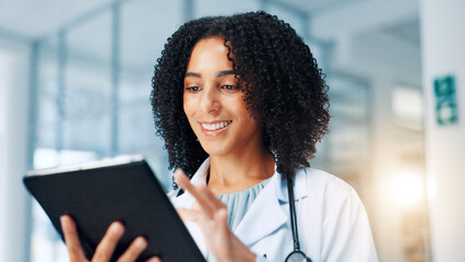 Poster - Doctor, woman and happy with tablet with typing, report and healthcare services in hallway at clinic. Person, technology and smile with app, online consulting and telehealth with contact at hospital