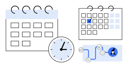 Poster - calendars, clock, and workflow elements emphasize task scheduling, goal setting, productivity, and o