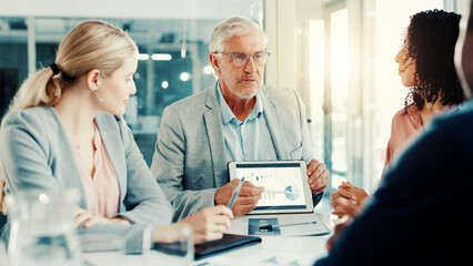 Leinwandbilder - Discussion, businessman and tablet screen with charts in meeting, investment metrics or planning. Office, team or brainstorming with financial manager for data analysis or presentation with kpi stats