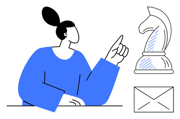 Poster - woman gesturing towards a chess knight, symbolizing strategy and planning, alongside an envelope ico