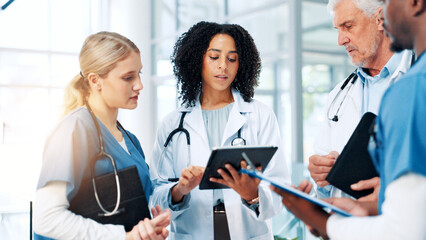 Poster - Medical, report or tablet with doctors and nurses in hospital together for discussion or feedback. Conversation, healthcare and insurance with professional medicine team in clinic for collaboration