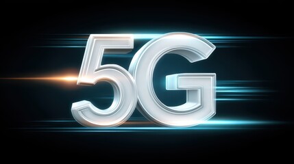 Poster - 5G technology symbol with a sleek, modern design, emphasizing speed and connectivity against a dark background with light streaks.