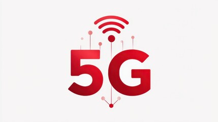 Poster - 5G technology logo featuring bold red text and wireless signal icons, symbolizing fast internet connectivity.