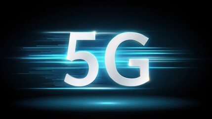 Poster - 5G technology symbol with glowing effects, conveying speed and connectivity in a dark background.