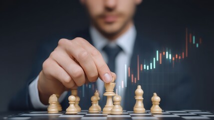 Poster - A businessman strategically moves a chess piece, symbolizing decision-making and strategy, with a financial graph in the background.