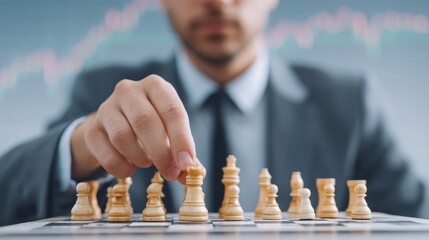 Poster - A professional man playing chess, focusing intently on his next move, with a business-themed background.