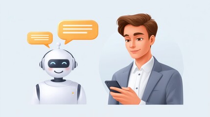 Poster - A man interacts with a friendly robot, symbolizing communication and technology in a modern setting.