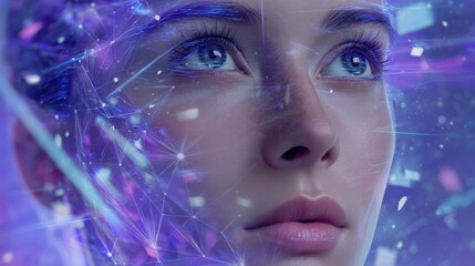 Aufkleber - A futuristic digital portrait of a woman with abstract geometric patterns and glowing elements illustrating technology and innovation.