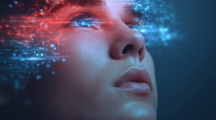 Aufkleber - A futuristic portrait of a person with glowing effects, representing technology and emotion through vibrant colors and abstract patterns.
