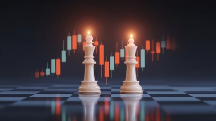 Poster - Two illuminated chess pieces on a reflective board, set against a backdrop of fluctuating financial market graphs.