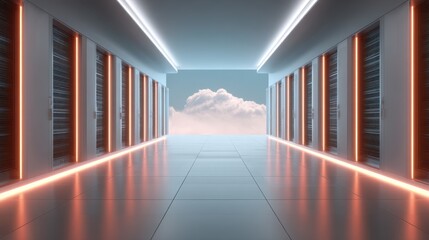  - Futuristic corridor with server racks and a view of clouds in the background, illuminated by soft neon lights.