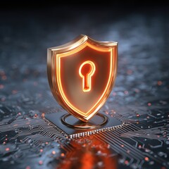 Poster - 3D shield icon with a keyhole, symbolizing security and protection against digital threats on a circuit board background.
