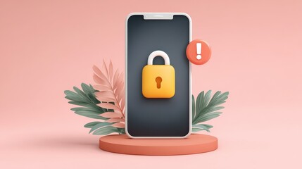Aufkleber - A smartphone with a lock icon and alert symbol, surrounded by leaves on a circular base against a pink background.
