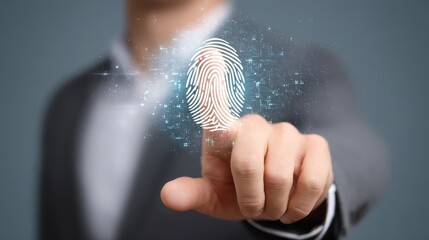Poster - A businessman touches a digital fingerprint, symbolizing identity verification and security technology in a modern context.