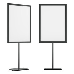 Vertical Sign Holders on Metal Stands Blank. Double Display Mockup. 3D rendering isolated on transparent background