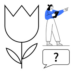 Poster - woman holding a tablet, gesturing toward a large tulip design and a speech bubble with a question ma