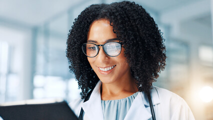 Poster - Glasses, doctor or woman in clinic, tablet or typing with digital app for shift schedule. Eyewear, person or medical with professional, healthcare or online reading for test result or cancer research