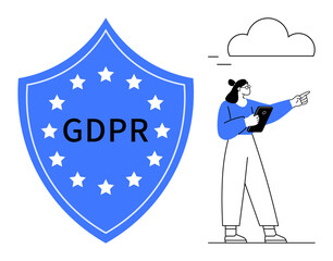 Poster - shield with stars displaying gdpr text emphasizes data protection, paired with a businesswoman holdi
