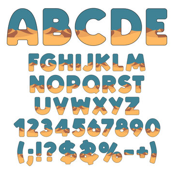 Alphabet, font with desert and dunes. Isolated vector object on white background.