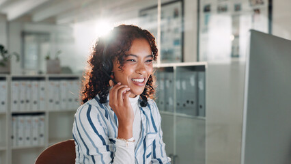 Poster - Computer, smile and woman with headset in call center for help or online assistance. Communication, contact us and customer service with employee for feedback or support as office virtual assistant