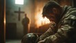 ©  zikakant - A soldier with a distressed expression kneels in a chapel, reflecting in solitude as candlelight casts shadows, highlighting the themes of sacrifice and introspection.