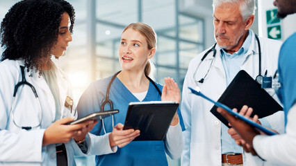 Aufkleber - Healthcare, meeting or tablet with doctors and nurses in hospital together for discussion or report. Collaboration, insurance and teamwork with professional medical group in clinic for diagnosis