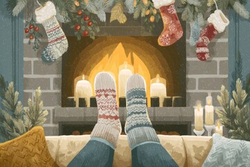 Poster - Cozy Winter Evening With a Crackling Fireplace and Knitted Socks by the Hearth, Creating a Warm and Inviting Atmosphere
