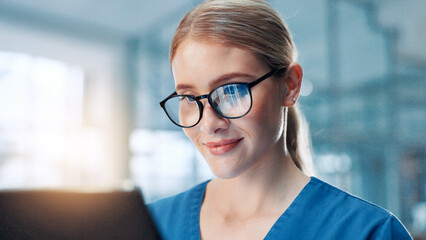 Poster - Glasses, doctor and woman in hospital, tablet and email with digital app for shift schedule. Eyewear, person and medical with professional, healthcare and online reading for test report or reflection