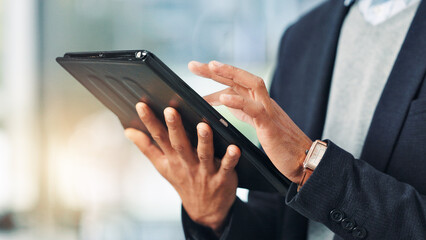 Aufkleber - Hands, person and typing on tablet in office for research, financial report and schedule update. Accountant, reading and digital for finance agenda, information and budget review for investment email