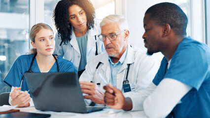 Aufkleber - Laptop, meeting and team of doctors in hospital boardroom with medical report for treatment planning. Computer, research and group of healthcare workers with manager for surgery schedule in clinic.