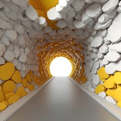 Poster - 3d render, abstract minimal yellow background with white clouds flying out the tunnel