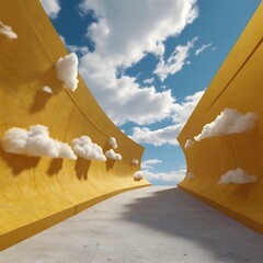 Poster - 3d render, abstract minimal yellow background with white clouds flying out the tunnel