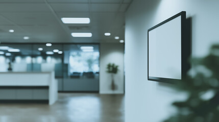 Poster - Office Interior with a Digital Screen: A modern office interior showcases a blank digital screen mounted on a wall, providing a clean and minimalist aesthetic.