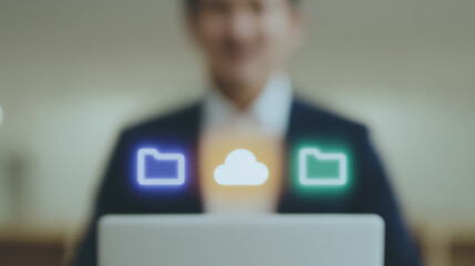 Poster - Cloud-Based Computing: A sophisticated professional in a suit engages with a modern laptop, symbols of cloud computing and file storage, illustrating seamless connectivity. 