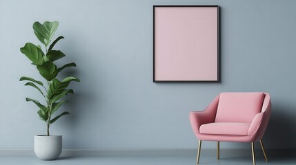 Poster - Minimalist room with a pink chair, potted plant, and blank pink-framed artwork on a grey wall.