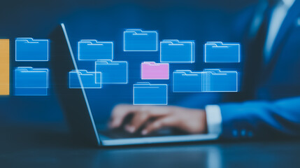 Poster - Data management: A sleek laptop serves as the focal point, with abstract digital file folders floating above, suggesting the power of organized data.
