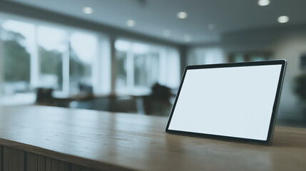 Poster - Tablet Display on Wood Surface: A modern tablet with blank screen is placed on a polished wooden counter, the light streams in through the expansive window.