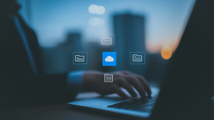 Fototapete - Cloud Data Integration: A close-up view of a person, in a professional setting, using a laptop to interact with cloud-based digital data, with document icons to represent file sharing and storage. 