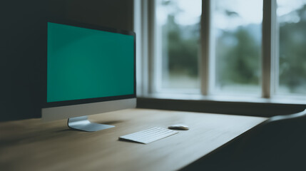 Poster - Desktop Computer Mockup: A modern desktop computer with a vibrant green screen sits on a minimalist wooden desk, bathed in soft natural light streaming from a large window.