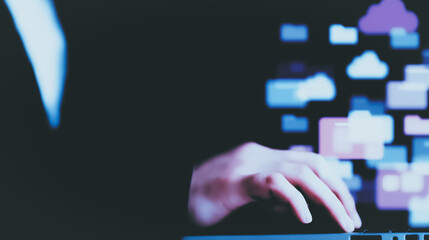 Poster - Cybersecurity Professional: A close-up shot of a person's hands typing on a laptop, with a blurred background of colorful cloud storage icons.