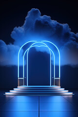 Poster - Neon arch in dark blue lights room with clouds. Abstract background for party stage or product display.