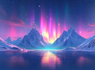 Poster - Beautiful northern lights in the sky with stars, with flashes of pink, purple, and orange light over snow-capped mountains and a lake at night. The aurora borealis against a winter background. 