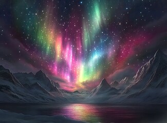 Poster - Beautiful northern lights in the sky with stars, with flashes of pink, purple, and orange light over snow-capped mountains and a lake at night. The aurora borealis against a winter background. 