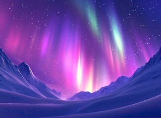 Poster - Beautiful northern lights in the sky with stars, with flashes of pink, purple, and orange light over snow-capped mountains and a lake at night. The aurora borealis against a winter background. 