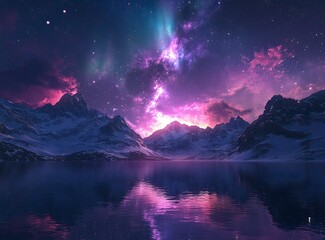 Poster - Beautiful northern lights in the sky with stars, polar light over snow-capped mountains and a lake at night. The aurora borealis on a winter background. A night landscape with a colorful aurora,