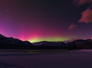 Poster - Beautiful northern lights in the sky with stars, polar light over snow-capped mountains and a lake at night. The aurora borealis on a winter background. A night landscape with a colorful aurora,