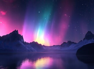 Poster - Beautiful northern lights in the sky with stars, polar light over snow-capped mountains and a lake at night. The aurora borealis on a winter background. A night landscape with a colorful aurora,