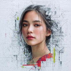 Aufkleber - Young woman portrait with abstract geometric lines and shapes, soft expression and artistic digital painting style