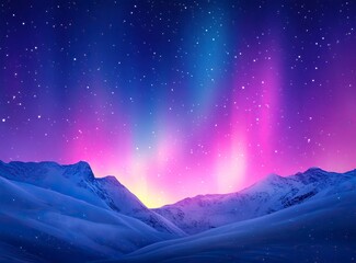 Poster - Beautiful northern lights in the sky with stars, displaying pink and purple colors. Polar light on a snow-covered hill. Northern aurora over the mountains. Starry night winter landscape. 