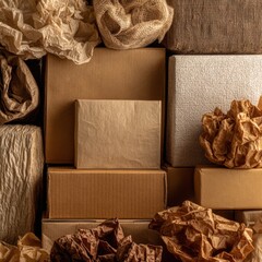 Aufkleber - Stacked Cardboard Boxes and Crumpled Paper, Representing Logistics, Delivery Services, and Sustainable Packaging Solutions for E-Commerce Businesses : Generative AI